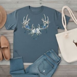 Antler Floral Graphic Tee • Blue Rose Nature Shirt • Boho Western Country Top